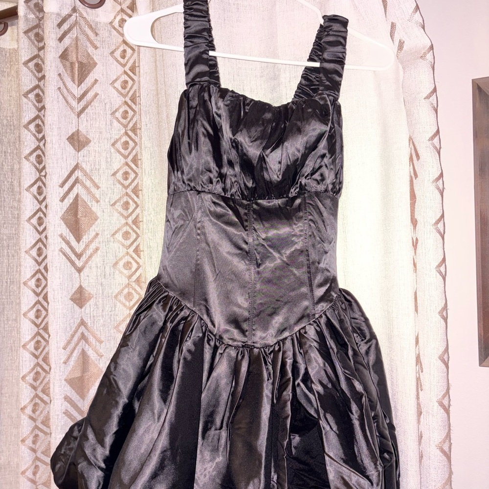 Fashion Nova Black Satin Ruched Strap Cocktail Dress